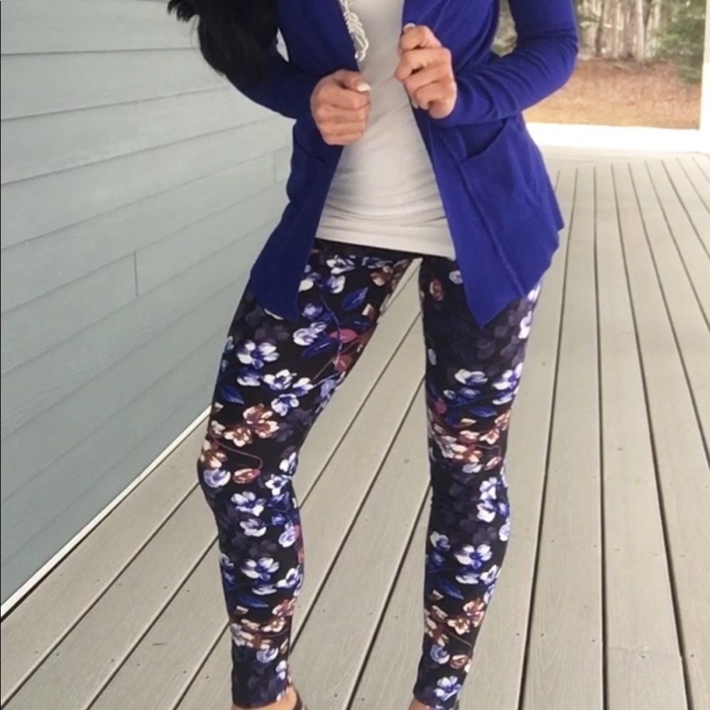 New Black floral purple blue high waisted leggings - Picture 6 of 7